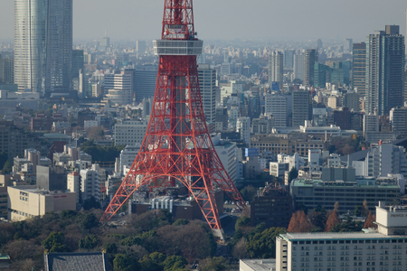 Tokyo, Japan - Jan 4, 2016. Aerial view of Tokyo Tower at sunny day in Tokyo, Japan. The Tokyo urban area 38 million people had a total GDP of 2 trillion USD in 2012.のeditorial素材