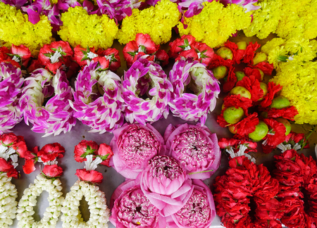Praying flowers for sale at Hindu temple in Bangkok, Thailand.の写真素材