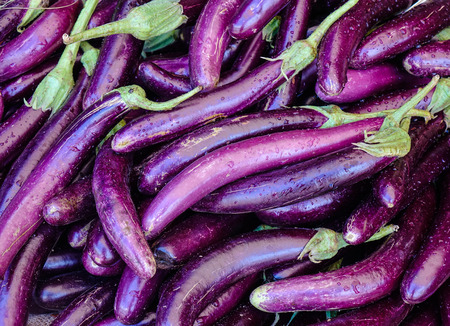 Pile of eggplants at rural market in Mahebourg, Mauritius.の写真素材
