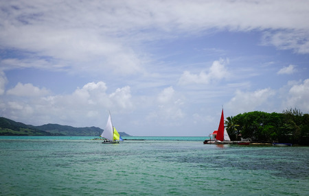 Grand Baie, Mauritius - Jan 15, 2017. Sailing boats on sea in Grand Baie, Mauritius Island. Mauritius, an Indian Ocean island nation, is known for its beaches, lagoons and reefs.のeditorial素材