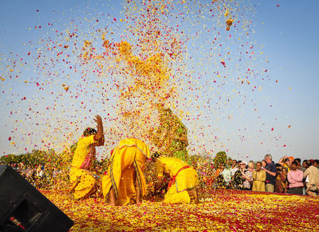 Pushkar, India - Mar 7, 2012. Folk dance during a traditional festival in Pushkar, India. Pushkar has hundreds of temples, including 14th-century Jagatpita Brahma Mandir.のeditorial素材