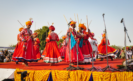 Pushkar, India - Mar 7, 2012. Folk dance show during a traditional festival in Pushkar, India. Pushkar is a town in the Ajmer district in the Indian state of Rajasthan.のeditorial素材