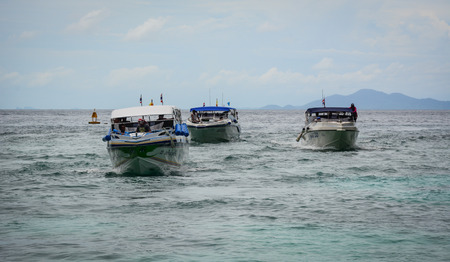 Krabi, Thailand - Jun 20, 2016. Speedboats running on the sea in Koh Phi Phi, Thailand. Phi-Phi Island is one of the most talked about places in Southeast Asia.のeditorial素材