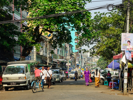 Yangon, Myanmar - Feb 27, 2016. Street at downtown in Yangon, Myanmar. Yangon, also called Rangoon, city, capital of independent Myanmar (Burma) from 1948 to 2006.のeditorial素材