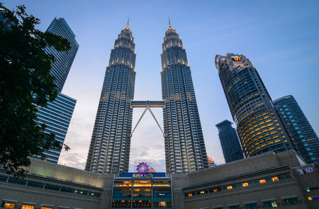 Twin Towers at twilight in Kuala Lumpur (KL), Malaysia.のeditorial素材