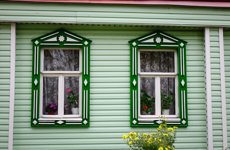 Glass windows of wooden house in Suzdal Ancient Town, Russia.の写真素材