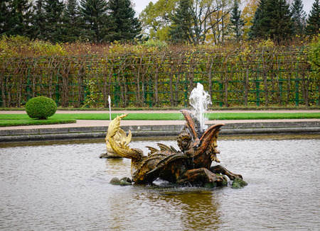 St. Petersburg, Russia - Oct 9, 2016. Fish fountains at Peterhof in St. Petersburg, Russia. The palace-ensemble along with the city center is recognized as a UNESCO World Heritage Site.のeditorial素材