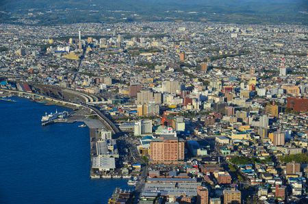 Hokkaido, Japan - Sep 30, 2017. Aerial view of Hakodate City in Hokkaido, Japan. Hakodate is a city and port located at the Hokkaido southern tip in Oshima Sub-prefecture.のeditorial素材