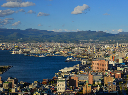 Hokkaido, Japan - Sep 30, 2017. Aerial view of Hakodate City in Hokkaido, Japan. Hakodate is best...