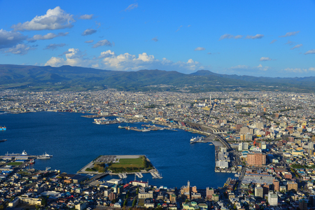 Hokkaido, Japan - Sep 30, 2017. Aerial view of Hakodate City in Hokkaido, Japan. In 1859, Hakodate opened its gates to the world as Japan first international trade port.のeditorial素材