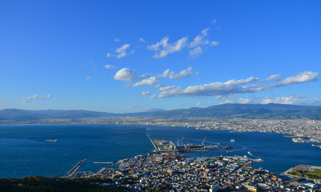 Aerial view of Hakodate City at sunny day in Hokkaido, Japan. Hokkaido is the second largest, and least developed of Japan four main islands.のeditorial素材