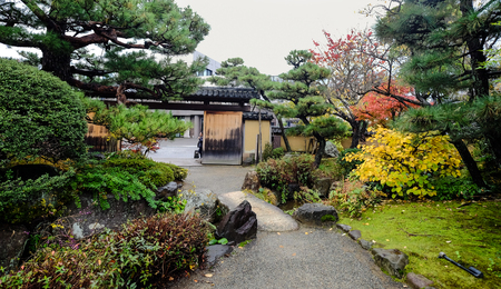 Traditional garden at rainy day in Kyoto, Japan. Kyoto is famous for its numerous classical Buddhist temples, as well as gardens, imperial palaces.のeditorial素材
