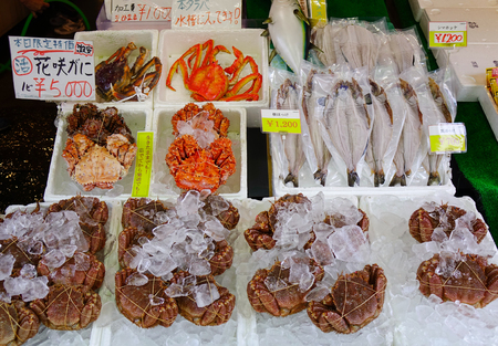Hakodate, Japan - Oct 1, 2017. Crabs and fish at Asaichi Market. Morning Fish Market is a must-see attraction for anyone visiting the city of Hakodate, Hokkaido, Japan.のeditorial素材