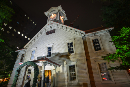 Sapporo, Japan - Oct 1, 2017. Ancient church at night in Sapporo, Japan. Sapporo is the fifth largest city of Japan by population, and the largest city of Hokkaido.のeditorial素材