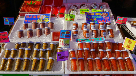Hakodate, Japan - Oct 1, 2017. Seafood for sale at Asaichi Market. The Hakodate Morning Market (Asaichi) is held daily from 5am (from 6am during winter) to noon.のeditorial素材