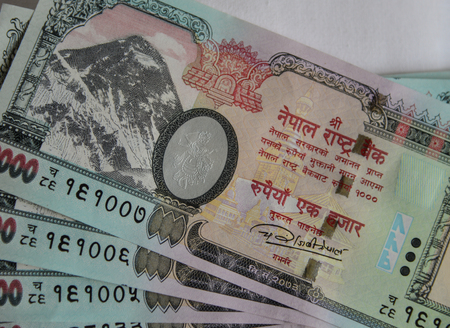 Nepalese banknotes 1000 Rupees. The issuance of the currency is controlled by the Nepal Rastra Bank, the central bank of Nepal.の写真素材