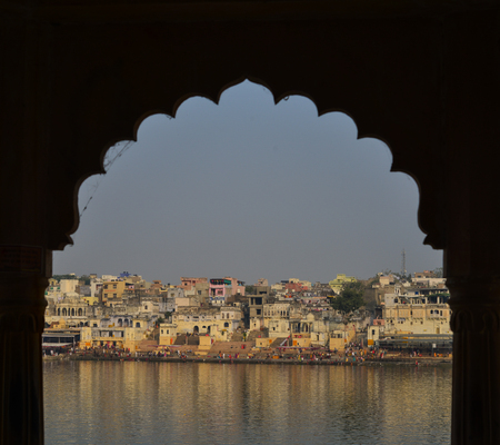 Pushkar, India - Nov 5, 2017. Buildings located on the riverbank in Pushkar, India. Pushkar is only...