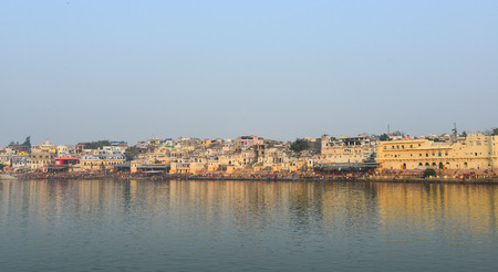Pushkar, India - Nov 5, 2017. Panoramic view of Pushkar lake. Pushkar is a town in the Ajmer district in the state of Rajasthan. It is a pilgrimage site for Hindus and Sikhs.のeditorial素材