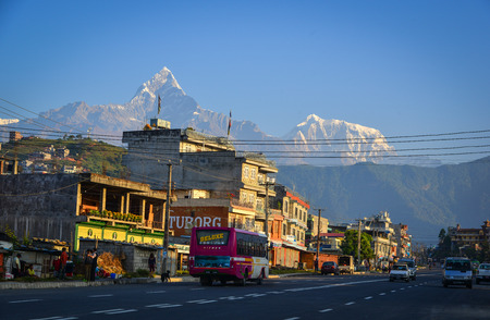 Pokhara, Nepal - Oct 20, 2017. Mountain township at sunny day in Pokhara, Nepal. Pokhara is the starting point for most of the treks in the Annapurna area.のeditorial素材