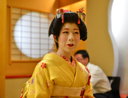 Akita, Japan - May 17, 2017. Portrait of Geisha at local restaurant in Akita, Japan. Modern geisha still live in traditional geisha houses called okiya in areas called hanamachi.のeditorial素材