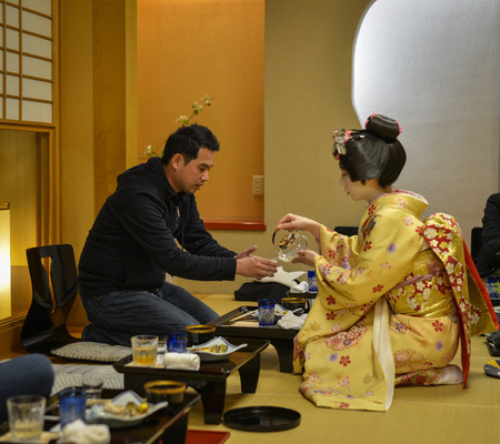 Akita, Japan - May 17, 2017. A Geisha working at restaurant in Akita, Japan. Geisha (geiko or geigi) are traditional Japanese female entertainers who act as hostesses.のeditorial素材