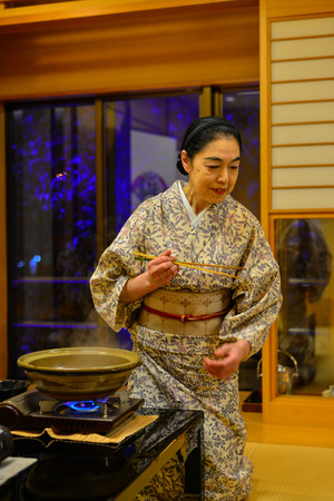 Akita, Japan - May 17, 2017. A staff in kimono at a local restaurant in Akita, Japan. Akita is a large prefecture at the Sea of Japan coast in the northern Tohoku Region.のeditorial素材
