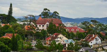 Dalat, Vietnam - Aug 17, 2017. Old houses at downtown in Dalat, Vietnam. The architecture of Dalat is dominated by the style of the French colonial period.のeditorial素材