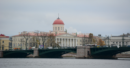 St. Petersburg, Russia - Oct 14, 2016. Old buildings on Neva riverbank in St Petersburg, Russia. Saint Petersburg is one of the modern cities of Russia, as well as its cultural capital.のeditorial素材