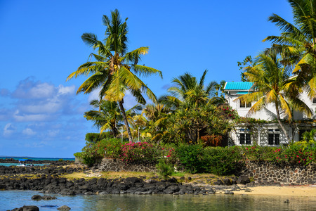 Sea view villa with plam trees summer house in Mauritius Island.のeditorial素材