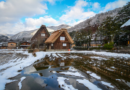 Gifu, Japan - Dec 29, 2015. Ancient houses at Shirakawa-go village in winter. Shirakawa (Shirakawa-mura) is a village located in Ono District, Gifu Prefecture, Japan.のeditorial素材