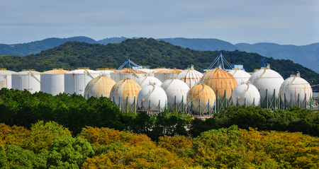 Spherical gas tanks at the autumn forest in Okayama, Japan.のeditorial素材