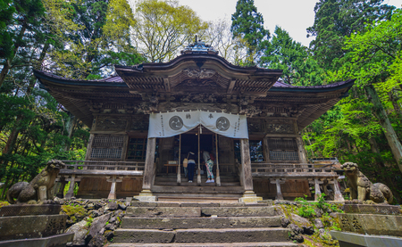 Aomori, Japan - May 16, 2017. Facade of Towada Shrine at green forest in Aomori, Japan. Towada-jinja Shrine is said to have been built in the 9th century.のeditorial素材
