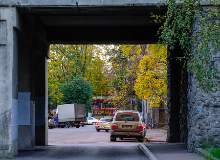 Vyborg, Russia - Oct 5, 2016. Cars parking on street at downtown in Vyborg, Russia. Vyborg is 174km northwest of St Petersburg, and just 30km from the Finnish border.のeditorial素材