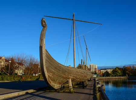Drakkar (Viking wooden boat) on the waterfront in Vyborg, Russia. Vyborg is 174km northwest of St Petersburg, and just 30km from the Finnish border.の写真素材