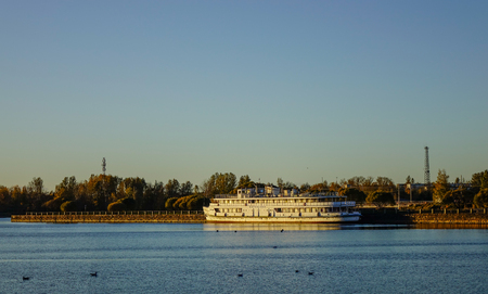 Vyborg, Russia - Oct 5, 2016. A tourist ferry on the lake at downtown in Vyborg, Russia. Vyborg is 174km northwest of St Petersburg, and just 30km from the Finnish border.のeditorial素材