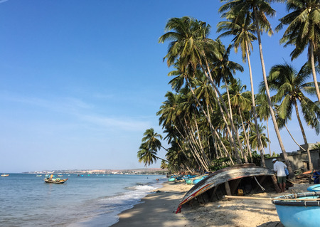 Sand beach with palm trees in Phan Thiet, Vietnam.の写真素材