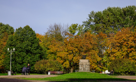 Vyborg, Russia - Oct 6, 2016. People at city park in Vyborg, Russia. Vyborg stands at the head of Vyborg Bay of the Gulf of Finland, 113 km northwest of St. Petersburg.のeditorial素材