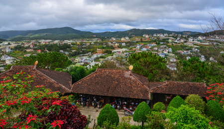 Dalat, Vietnam - Nov 25, 2017. Aerial view of old houses with cityscape background in Dalat, Vietnam.のeditorial素材