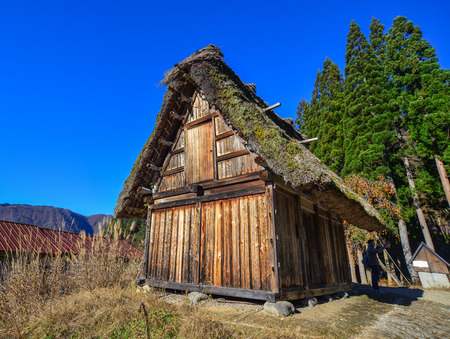 Gifu, Japan - Dec 2, 2016. A wooden house at Shirakawa-go Historic Village in Gifu, Japan. Shirakawa-go is situated at the foot of Mt. Haku-san in northwestern Gifu Prefecture.の写真素材
