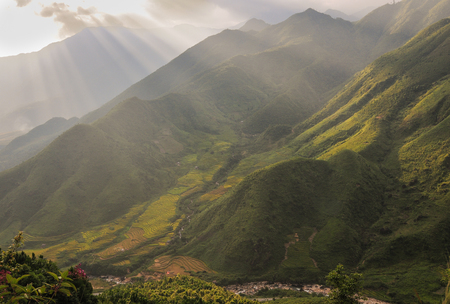 Mountains under sun light at sunset in Sapa, Northern Vietnam.の写真素材