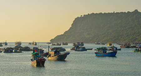 Tho Chau, Vietnam - Dec 10, 2017. Boats on sea in Tho Chau, Vietnam. Tho Chu (Tho Chau) is a big island including 8 small islands under Phu Quoc district, Kien Giang.のeditorial素材