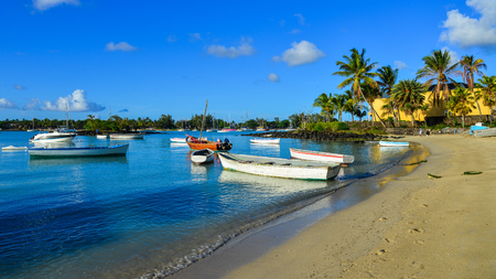 Mahebourg, Mauritius - Jan 9, 2017. Speedboats on beautiful beach in Mahebourg, Mauritius. Mauritius is a major tourist destination, ranking 3rd in the region.のeditorial素材