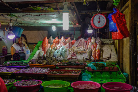 Manila, Philippines - Apr 13, 2017. Fish market of Seaside Dampa Macapagal in Manila, Philippines. There is a number of stalls in the market selling fresh sea foods.のeditorial素材