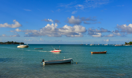 Grand Baie, Mauritius - Jan 9, 2017. Motorboats on beautiful sea in Grand Baie, Mauritius Island. Mauritius is a major tourist destination, ranking 3rd in the region.のeditorial素材