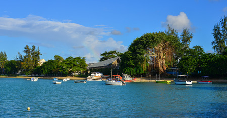 Trou-aux-Biche, Mauritius - Jan 9, 2017. Speedboats docking at the pier in Trou-aux-Biches, Mauritius Island.のeditorial素材