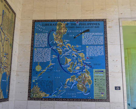 Manila, Philippines - Apr 13, 2017. A historic map of Pacific Battlefield during World War 2 at the American Cemetery in Manila, Philippines.のeditorial素材