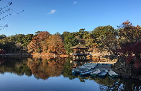 Boats on quiet lake at autumn in Nara Park, Japan.のeditorial素材