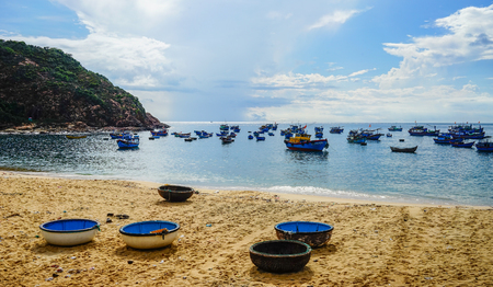 Quy Nhon, Vietnam - Oct 11, 2015. Fishing boats on beach in Quy Nhon, Vietnam. Quy Nhon is a coastal city in Binh Dinh Province in central Vietnam.のeditorial素材