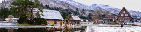 Gifu, Japan - Dec 29, 2015. Panorama of Historic Village of Shirakawago at winter in Gifu, Japan. Shirakawago has over 100 unique gossho-zukuri houses which are over 250 years old.のeditorial素材