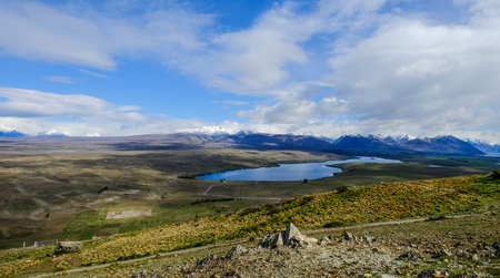 Landscape of Mount John with the lake. The mountain is at northern end of the Mackenzie Basin in the South Island, New Zealand.の写真素材